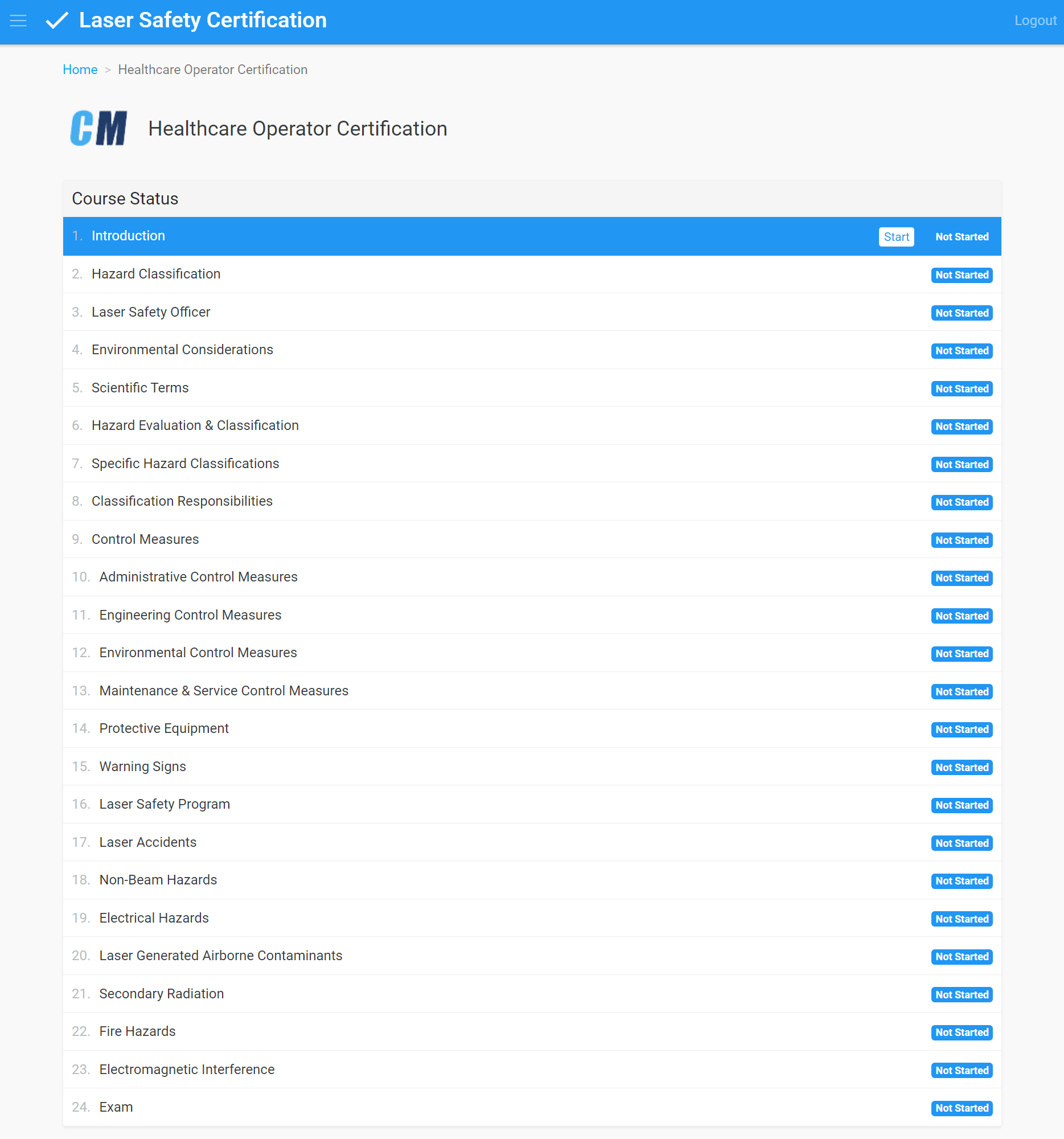 A screenshot of the laser safety certification page.