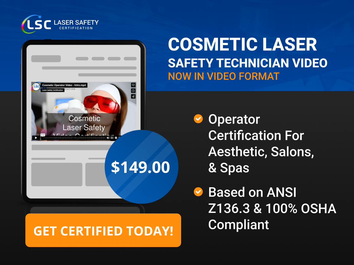 Cosmetic laser safety technician video certification course advertisement.