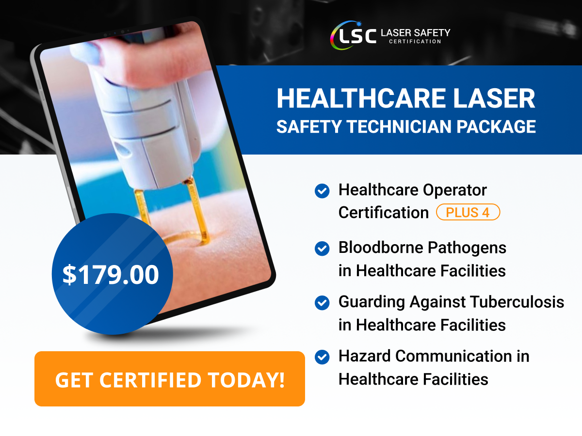 Advertisement for a healthcare laser technician package offering certification with multiple benefits for $179.00.