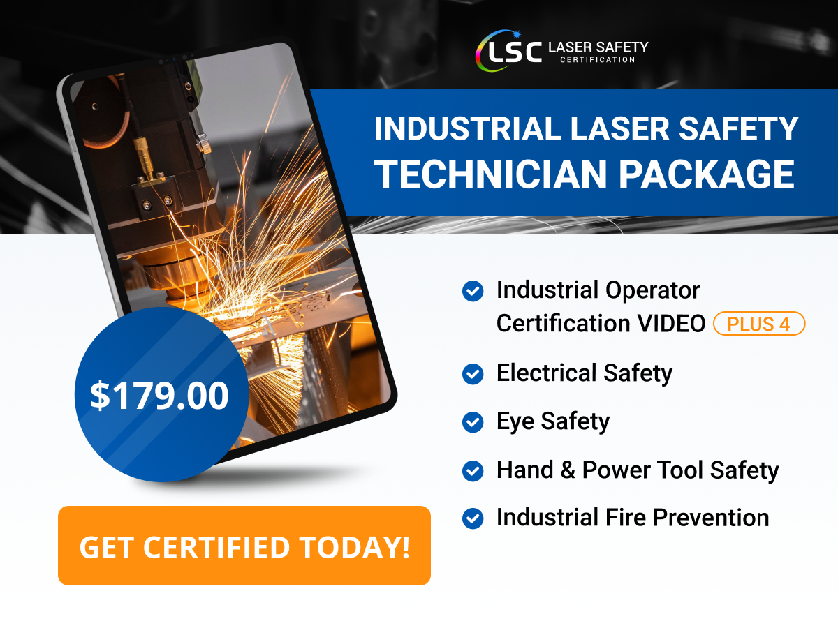 Promotional graphic for an industrial laser safety technician certification package, featuring an image of a laser cutting metal and emphasizing various course inclusions with a pricing offer.