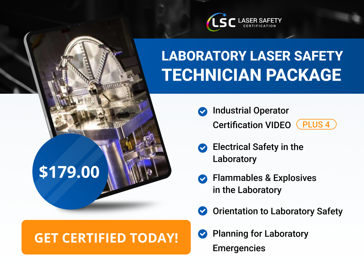 Advertisement for a laboratory laser safety technician package with certification courses, highlighting features and pricing.